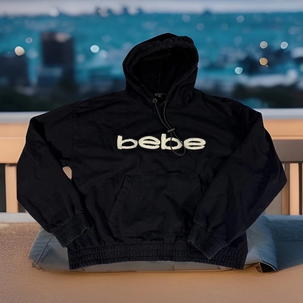 Women's L‎ BEBE Logo Black Cropped Hoodie Pullover Sweater Size Large Sport